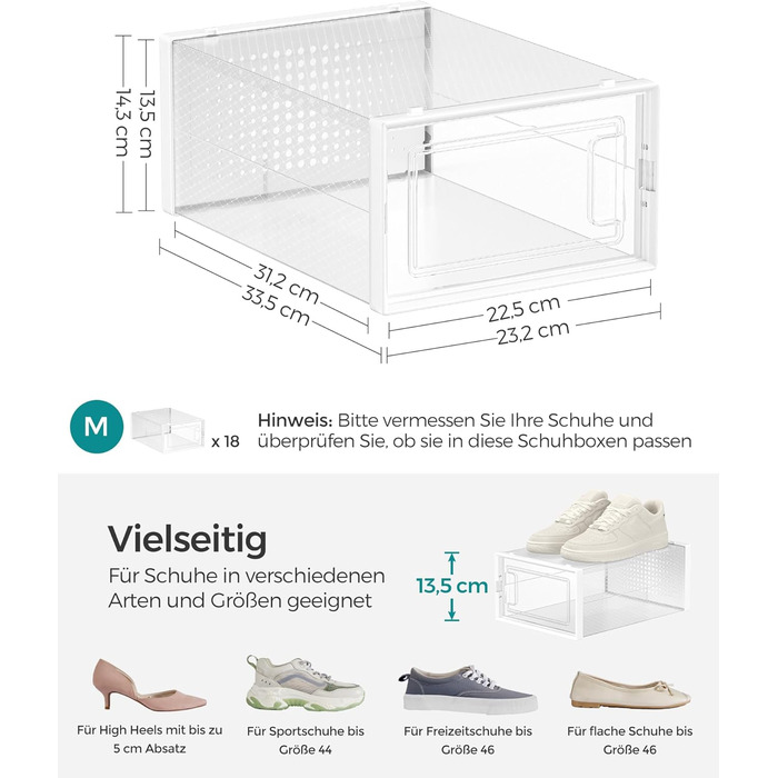 SONGMICS Shoe Boxes, 18-Piece Set, Plastic Shoe Organizer, Foldable and Stackable, for Shoes up to Size 44, Transparent-White LSP18SWT