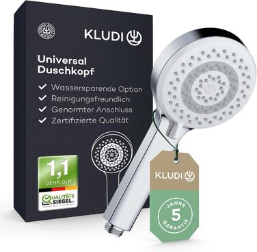 KLUDI-X1 Universal Showerhead with Hose, optional showerhead for water-saving use with 3 spray patterns (Body, Hair, Skin), easy-to-clean showerhead Ø 10.7 cm, shower hose 1.60 m (Chrome, 3 spray patterns)