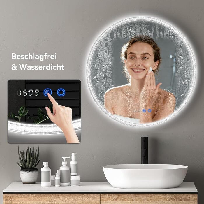 Дзеркало для ванної кімнати YOURLITE з підсвічуванням, 60 см, LED, сенсорне керування, 3 кольори, регулювання яскравості, протизапітніння, функція пам'яті, годинник, білий (сріблястий)