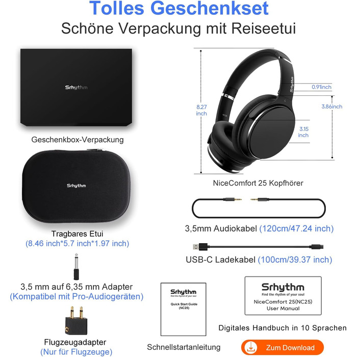 Бездротові навушники з активним шумозаглушенням Srhythm NC25, Bluetooth, Hi-Fi звук, глибокий бас, NFC, вбудований мікрофон, чорні