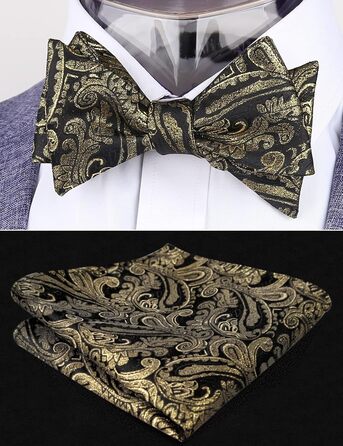 Чоловіча краватка-метелик Alizeal Retro Paisley з хустинкою, чорний+золотий, універсальний розмір