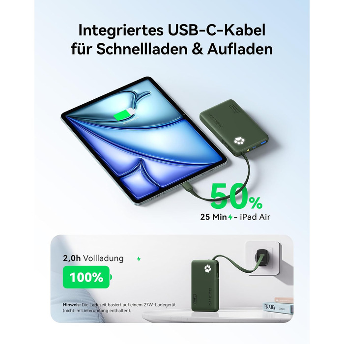 Повербанк INIU 10000mAh 45W з вбудованим кабелем USB-C, швидка зарядка, компактний зовнішній акумулятор для iPhone 17 16 Pro, Samsung S26 S25, Xiaomi, iPad, бежевий