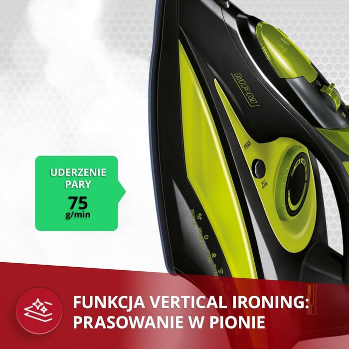 Праска MPM з керамічною підошвою MZE-24/G: 190г парового удару, безперервний пар, вертикальна функція, автовимкнення, 3000W, 300мл бак
