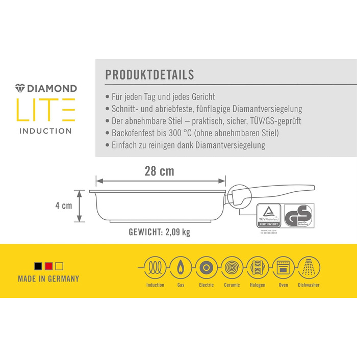 Сковорода-гриль Woll Diamond Lite 28x28 см, квадратна, з рифленою поверхнею, індукційна, знімна ручка, алюмінієвий литий корпус, антипригарне покриття, для всіх плит, підходить для духовки