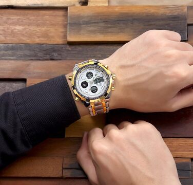 Чоловічий годинник-хронограф з нержавіючої сталі, водонепроникний, з датою та будильником, аналогово-цифровий дисплей (золотий колір)