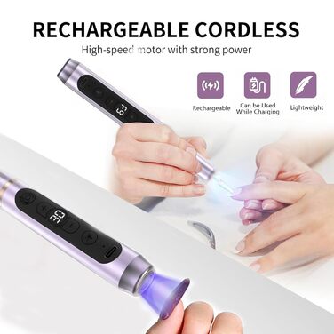 Електричний фрезер для нігтів бездротовий 12 в 1 професійний, манікюр/педикюр, USB, 9 швидкостей, 20000 об/хв (фіолетовий)