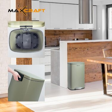 Сталевий відро для сміття з педальним механізмом, 50 літрів, з внутрішнім відром з пластику, м'яке закриття, зелений колір, для кухні, ванної кімнати або офісу