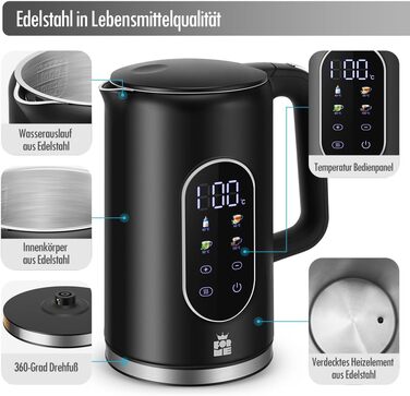 Електричний чайник ForMe з нержавіючої сталі, 1.7 л, регулювання температури 40-100°C, LED дисплей, функція підтримання тепла, BPA Free