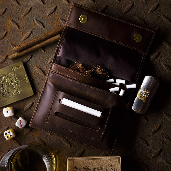 Golden Leaf Leather Tobacco Pouch | Elegant Leather Tobacco Bag with space for tobacco, filters, and a double pack of rolling papers | With an extra pocket for additional accessories | Rolling tobacco pouch for women & men