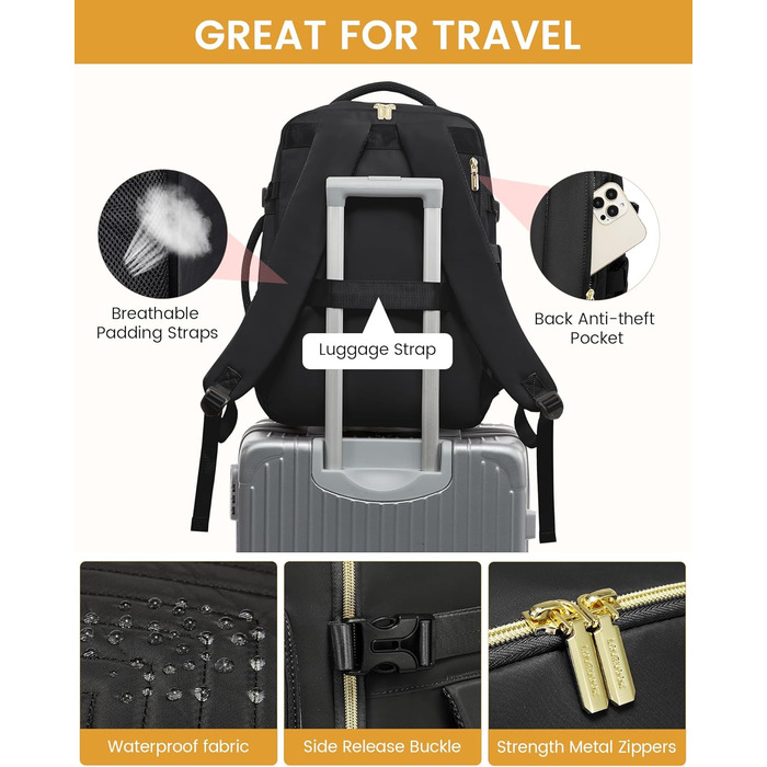 LOVEVOOK Рюкзак для ручної поклажі, 40L, водонепроникний, для ноутбука 17 дюймів, чорний, для подорожей та бізнесу