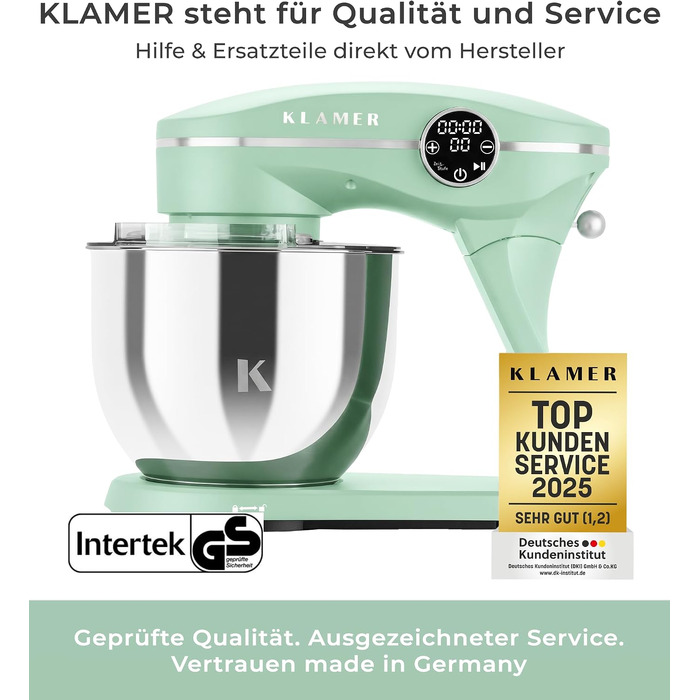 Кухонний комбайн KLAMER 1800W, планетарний міксер для тіста з чашею з нержавіючої сталі 6л (Premium Mint)