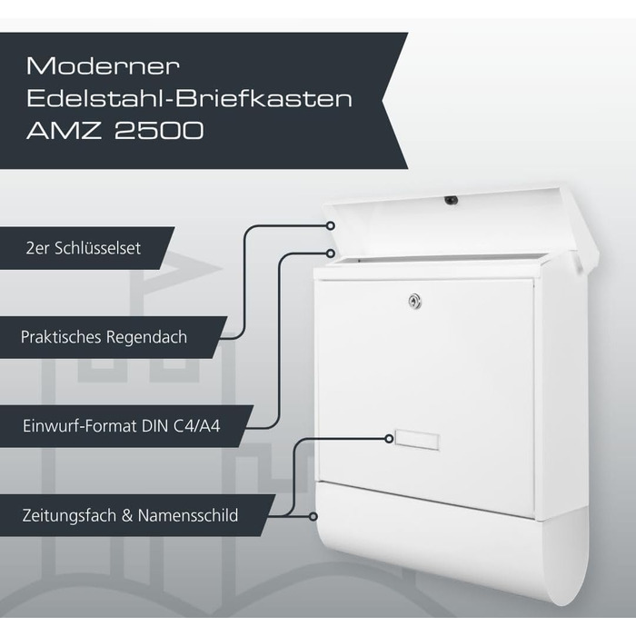 Поштовий ящик Burg-Wächter AMZ 2500 NI з газетницею та табличкою для імені, нержавіюча сталь, формат DIN C4, 2 ключі, білий