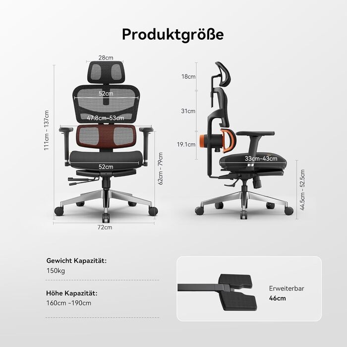 Офісне крісло Newtral NT002 з підніжкою: ергономічне, регульована спинка, підлокітники, чорне. Макс. вага 150 кг