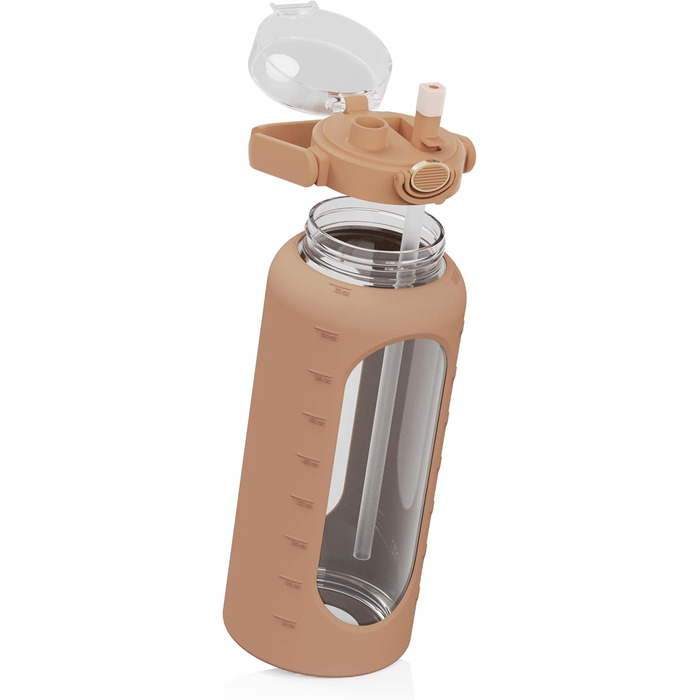 Glass Bottle 2 Liter - Drinking Bottle 2L Glass with Straw - Large Water Bottle with Silicone Sleeve - Leak-proof - Dishwasher-safe - BPA-free (Brown)