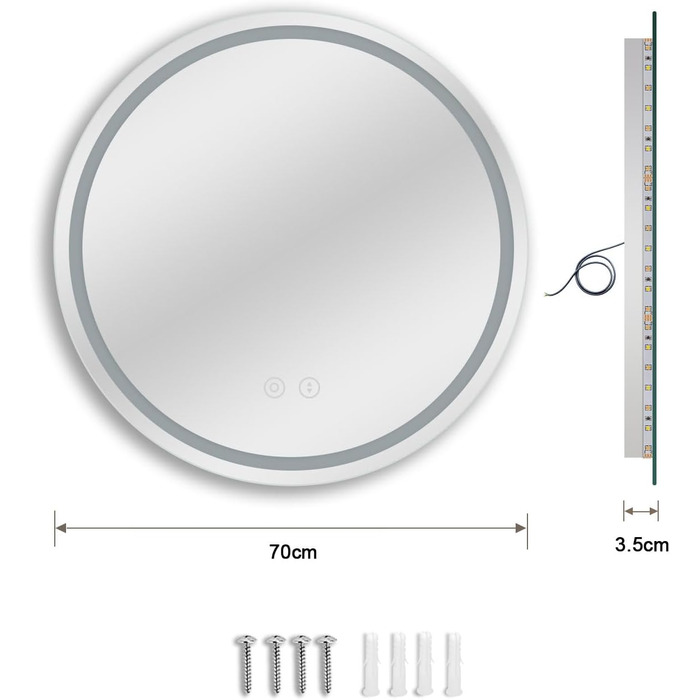 Дзеркало для ванної кімнати Dripex круглої форми з підсвічуванням LED, сенсорне керування, регулювання яскравості, 3 кольори світла, запобігання запотіванню, 60x60 см