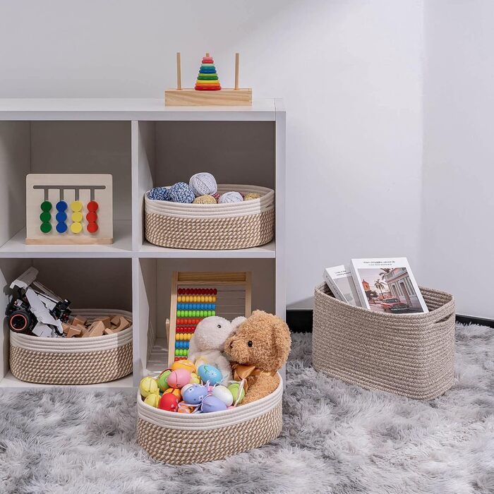 Regal storage baskets for organizing, decorative basket for toy storage and trash cans, small woven rope baskets, 33x21 cm, 3 pack, Green (Cream and Mixed Camel)