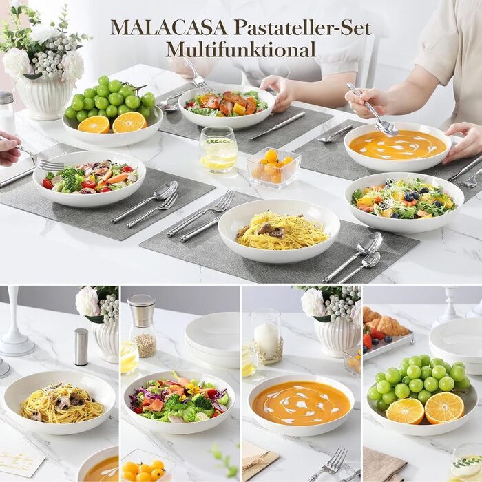 Набір посуду MALACASA, 6 предметів: тарілки для пасти, супу, салату, сервірування. Білий порцелан, 1250 мл