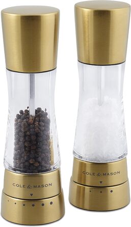 Cole & Mason Derwent Gold Salt and Pepper Grinder Set, Manual Spice Grinder with Adjustable Ceramic Grinder, Stainless Steel/Acrylic, 190mm, Precision+, Gift Set