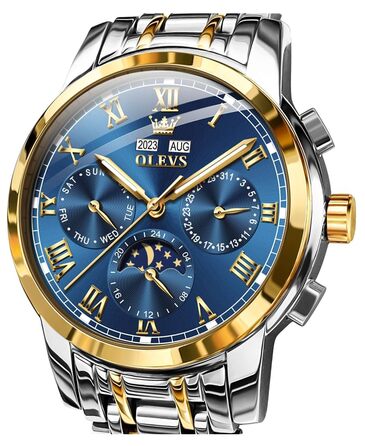 Чоловічий механічний годинник OLEVS з автопідзаводом, золотисто-сріблястий сталевий браслет, синій циферблат, фаза місяця, водонепроникний, люкс бізнес-стиль (6692)