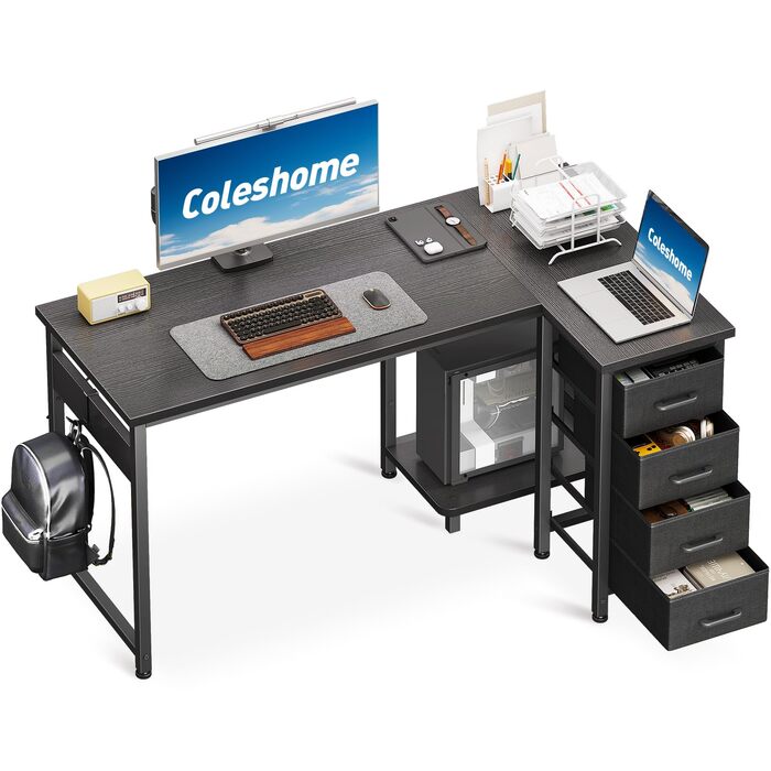 Комп'ютерний кутовий стіл Coleshome 100x70 см з 4 шухлядами, чорний | Для офісу, робочого кабінету, спальні