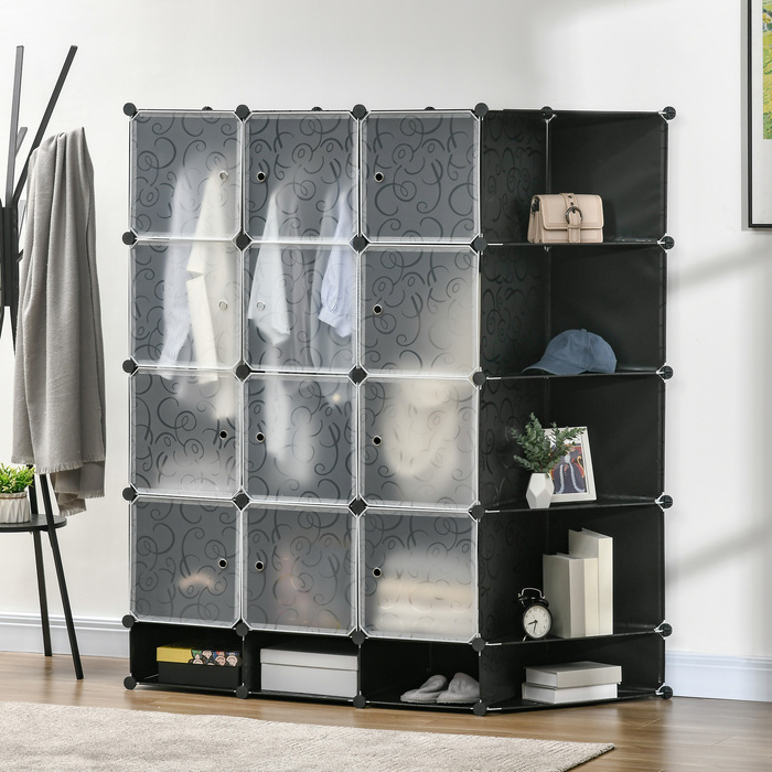 HOMCOM DIY Closet Organizer System with 16 Cubes and 2 Rods DIY Cube Shelf, Storage Shelf for Clothes, Shoes, Black 145 x 46 x 162 cm | Aosom