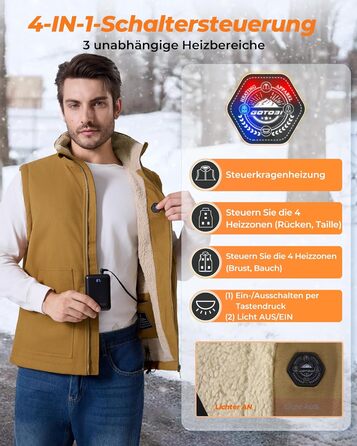 Електрична гріюча жилетка для чоловіків з Powerbank 16000mAh, 7,4V, 9 зон обігріву, канвас, фліс, регулювання температури, khaki XXL