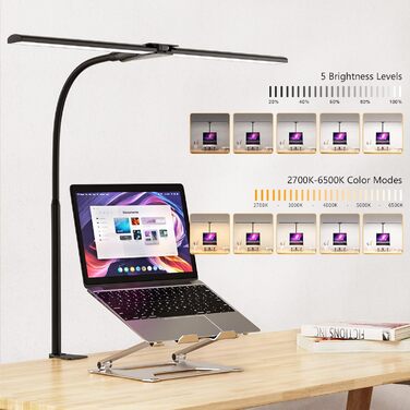 LED Desk Lamp with Adjustable Gooseneck - Dual Head, 1200 Lumens, Eye Protection for Home Office & Study - Black with 5 Color Temperature/Brightness Levels