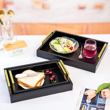 Hanobe Serving Tray Decor Tray Wood: Set of 3 Black Decorative Wooden Trays with Gold Handles Coffee Table, Rectangular Jewelry Tray, Bedside Table Tray, Modern Candle Tray, Coffee Decor Tray