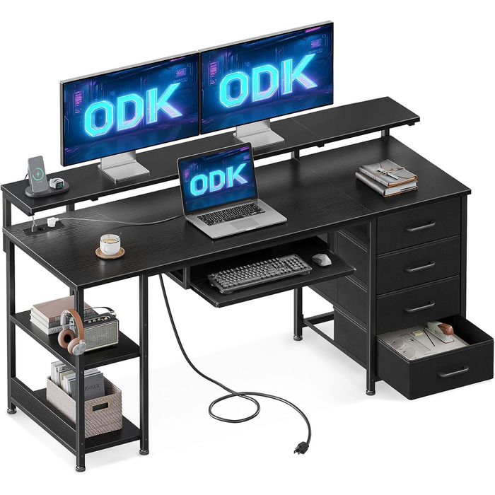 Стіл письмовий ODK з 4 шухлядами, комп'ютерний стіл з 2 розетками та 2 USB-портами, ігровий стіл з полицею та висувною полицею для клавіатури, для офісу і вітальні, чорний, 140x52x92 см