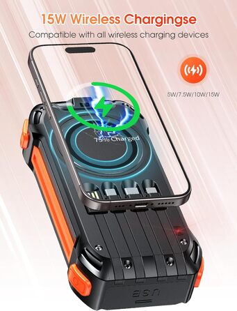 Портативний акумулятор 26800mAh з 4 кабелями: 30W USB-C, швидка зарядка, 7 виходів, SOS ліхтарик, для телефонів та планшетів (Чорний)