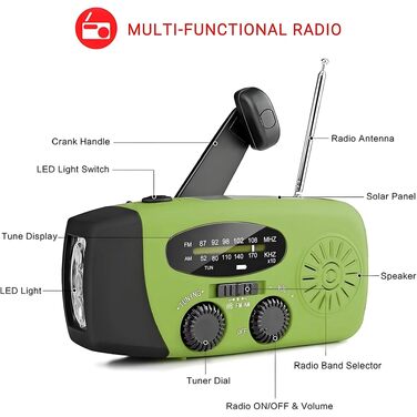 Радіо Solar Radio з ручним генератором, AM/FM, Powerbank 2000mAh, LED ліхтарик, USB зарядка - зелений