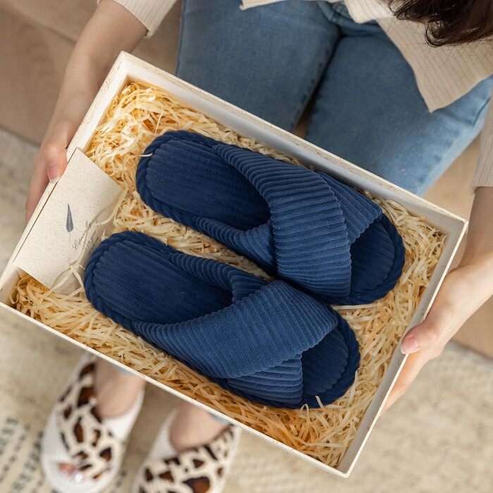 Жіночі тапочки GOEWY з Memory Foam, з тканинного матеріалу для дому, відкриті, з перехресними ремінцями та бантиком, антиковзаюча підошва. Зручні та модні шльопанці як стильний подарунок. (Темно-синій, 40/41.5 EU)
