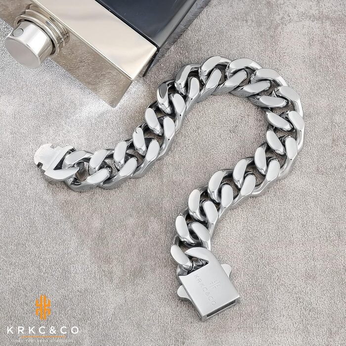 Чоловічий браслет KRKC&CO, кубинське плетиво, 18 мм, Miami Iced Out, кубинське панцерне з'єднання, 18-каратне золото, міцний, Urban Streetwear, браслет у стилі хіп-хоп для чоловіків (срібний, 12 мм, 22.9 см)