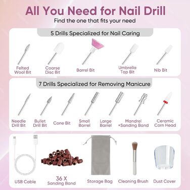 Електричний фрезер для нігтів Nagelfräser Kabellos 13 в 1: 5 швидкостей, 25000 об/хв, USB, для гель-манікюру
