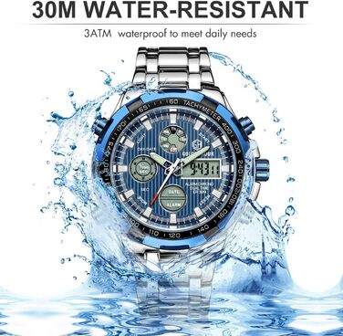 Чоловічий годинник з хронографом: надійний годинник з нержавіючої сталі, водонепроникний, з датою та будильником, аналогово-цифровий дисплей (сріблястий, блакитний)
