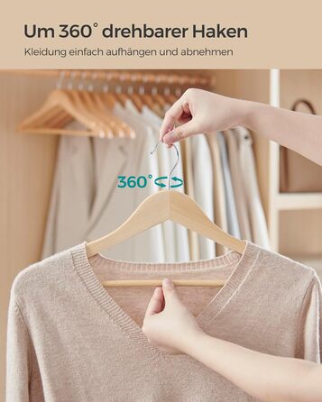 SONGMICS Wooden Clothes Hangers, 12-Piece Set, Wooden Hangers, Shoulder Indentations, Trouser Bar, Trouser Hanger, 360° Swivel Hook, for Jackets, Shirts, Coats, natural beige CRW010N12