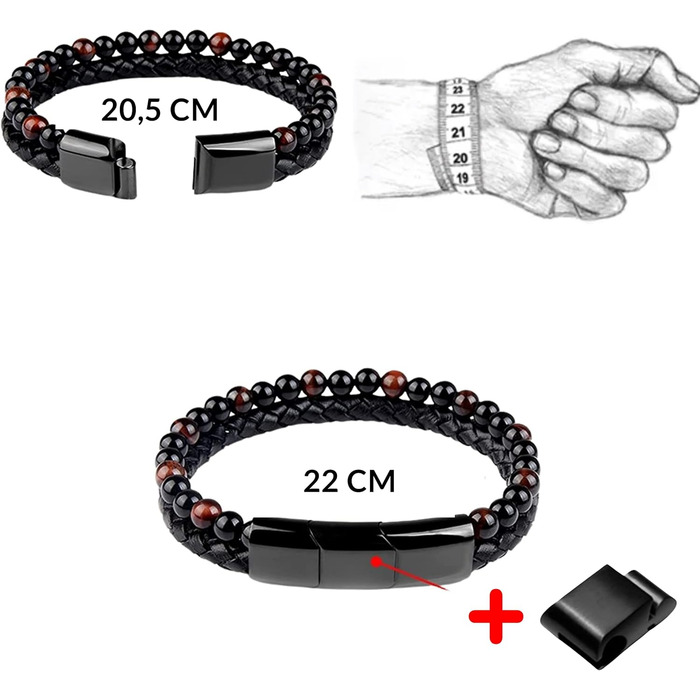 Браслет чоловічий з натурального каменю 6 мм та шкіри, магнітний замок, коричневий