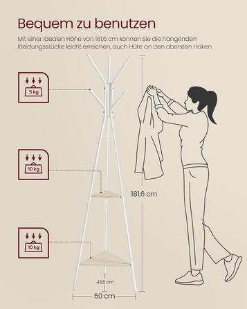 VASAGLE Coat Rack in Tree Shape, Clothes Rack, Freestanding Wardrobe, Industrial Design, with 2 Shelves, for Clothing, Hats, Bags, Vintage Brown-Black RCR16BXV1 (Beige + Pearl White)