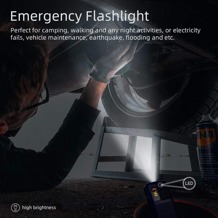 PRUNUS J-725 FM/UKW радіо: цифрове, портативне, з акумулятором 3000mAh, USB/SD/TF/AUX, радіо-годинник, з LED-ліхтариком (блакитне).