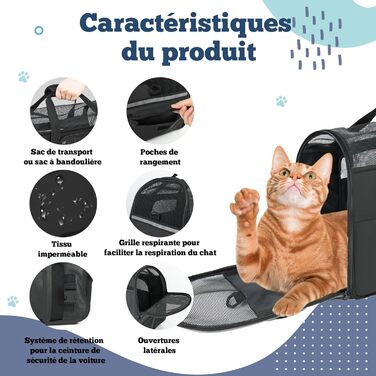 Транспортна сумка для котів та собак, дихаюча та легка, переноска для котів з регульованим плечовим ременем, знімний м'який матрац (Чорний, M)