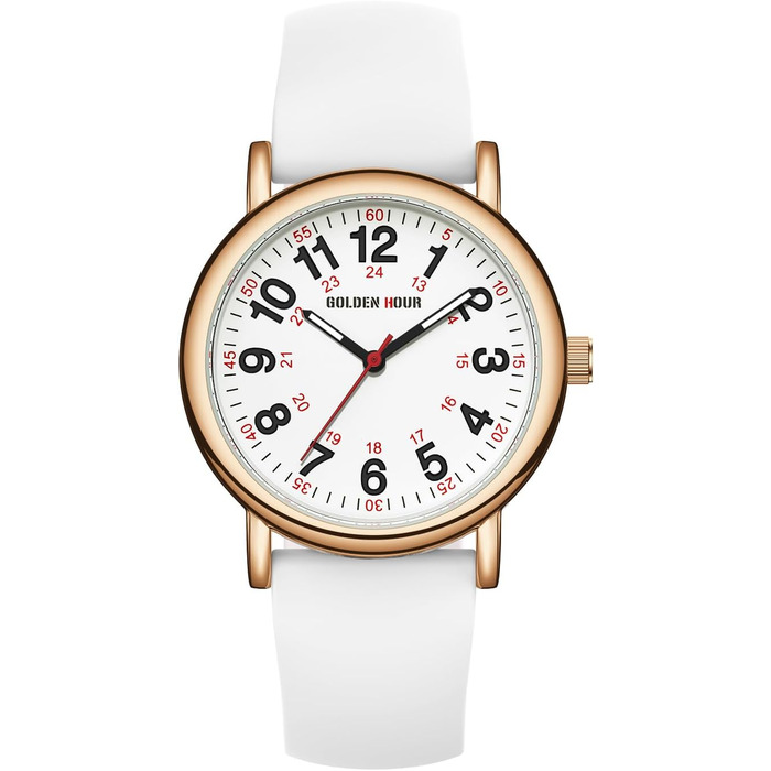 Водонепроникні годинники для медсестер GOLDEN HOUR - годинники для медичних працівників, студентів, жінок та чоловіків, з підсвічуванням, 24 години, секунди, силіконовий ремінець (рожеве золото/білий)