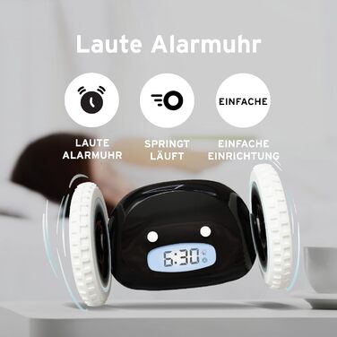 Clocky Loud Alarm Clock - Digital Alarm Clock, Loud for Deep Sleepers, Adults, Teens, Funny, Hard of Hearing, Heavy Sleepers, on Wheels, Runs Away, Driving, Jumping, Rolling Away, Funny Gift (Schwartz)