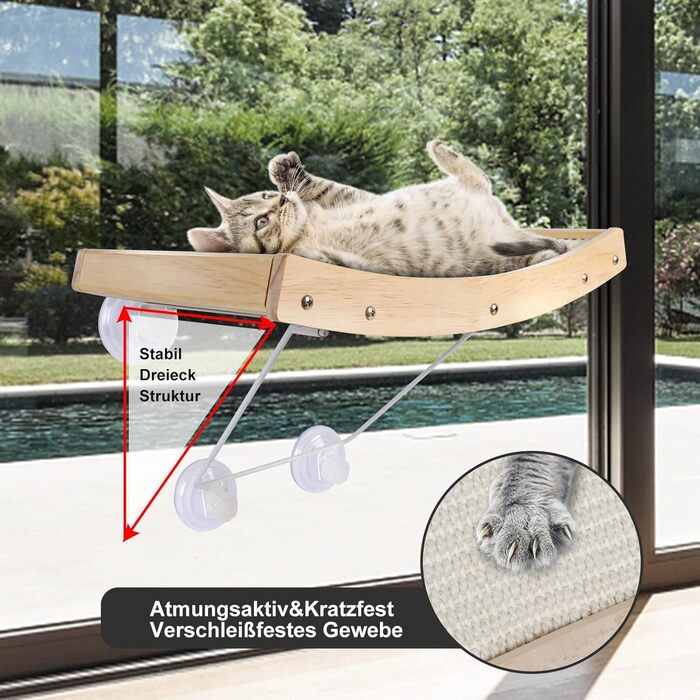 Zonema ZNM Cat Window Perches - Cat Hammock Sisal, Solid Wood Frame, Cat Bed Window with Strong Suction Cups, Cat Hanging Bed Window, Space-Saving Design, Holds up to 18KG