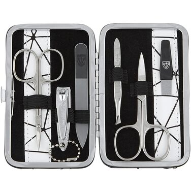 Набір для манікюру DREI SCHWERTER 'Genova' 6 предметів | Німецька якість | Чорний кейс з екошкіри | В комплекті: ножиці, щипці, кусачки, скляний наперсток, пінцет, алмазний наперсток