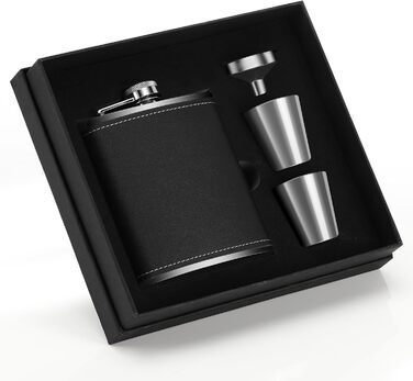 Фляга нержавіюча Kasanni 8oz/230 мл, з келихами та воронкою, чорна шкіряна, для піших прогулянок