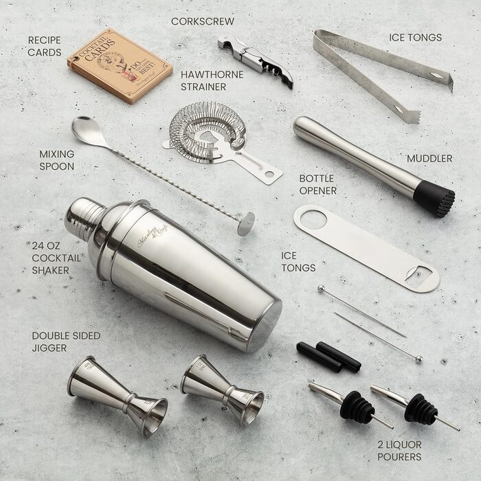 Набір бармена для коктейлів 14 предметів: шейкер, джигер, стрейнер - професійний набір для приготування коктейлів вдома та в барі. Бонус - рецепти коктейлів та коктейльні шпажки.