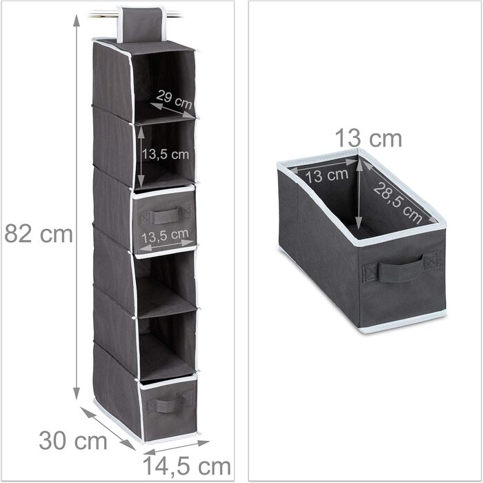 Органайзер для шафи Relaxdays з тканини, 6 відділень, 2 шухляди, сірий, 82x30x14,5 см
