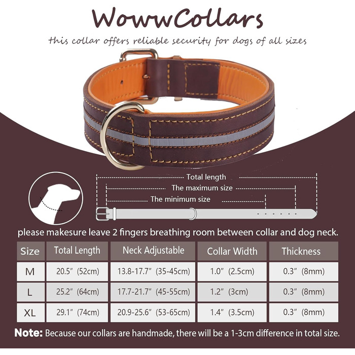 Нашийник для собак з натуральної шкіри, регульований, з м'якою підкладкою, для середніх, великих та екстра-великих порід (колір: коричневий, розмір: M)