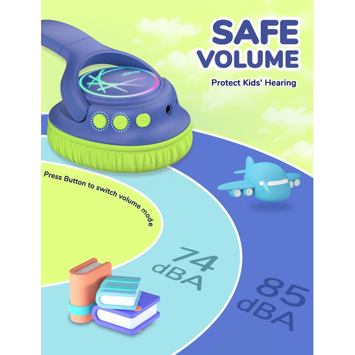 iClever Бездротові навушники для дітей з LED-підсвіткою, обмеження гучності 74/85 дБ, 43 години роботи, стерео звук, Type-C, AUX-кабель, Bluetooth 5.3, для планшетів/подорожей (зелено-блакитний)