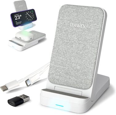 Бездротова зарядка 15W, складана, кабель 1.5м + USB-перехідник, сумісна з iPhone 15/14/13/12/11, Galaxy S25/S24/S23/S22/S21/S20/S10 та всіма Qi-телефонами, білий